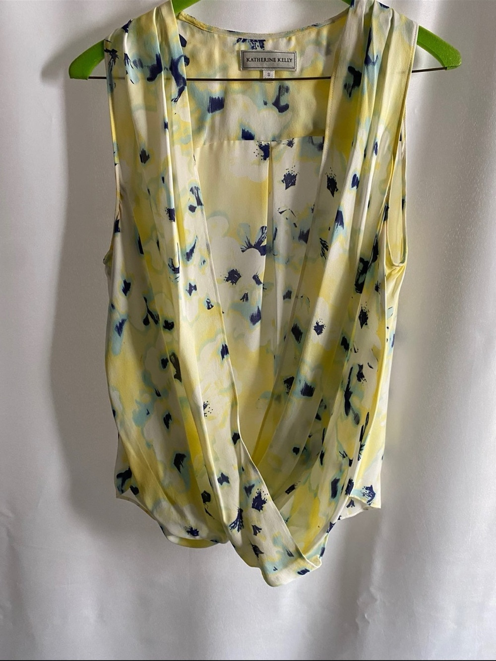 LN Katherine Kelly Yellow Floral Sleeveless Draped Wrap Top Watercolor